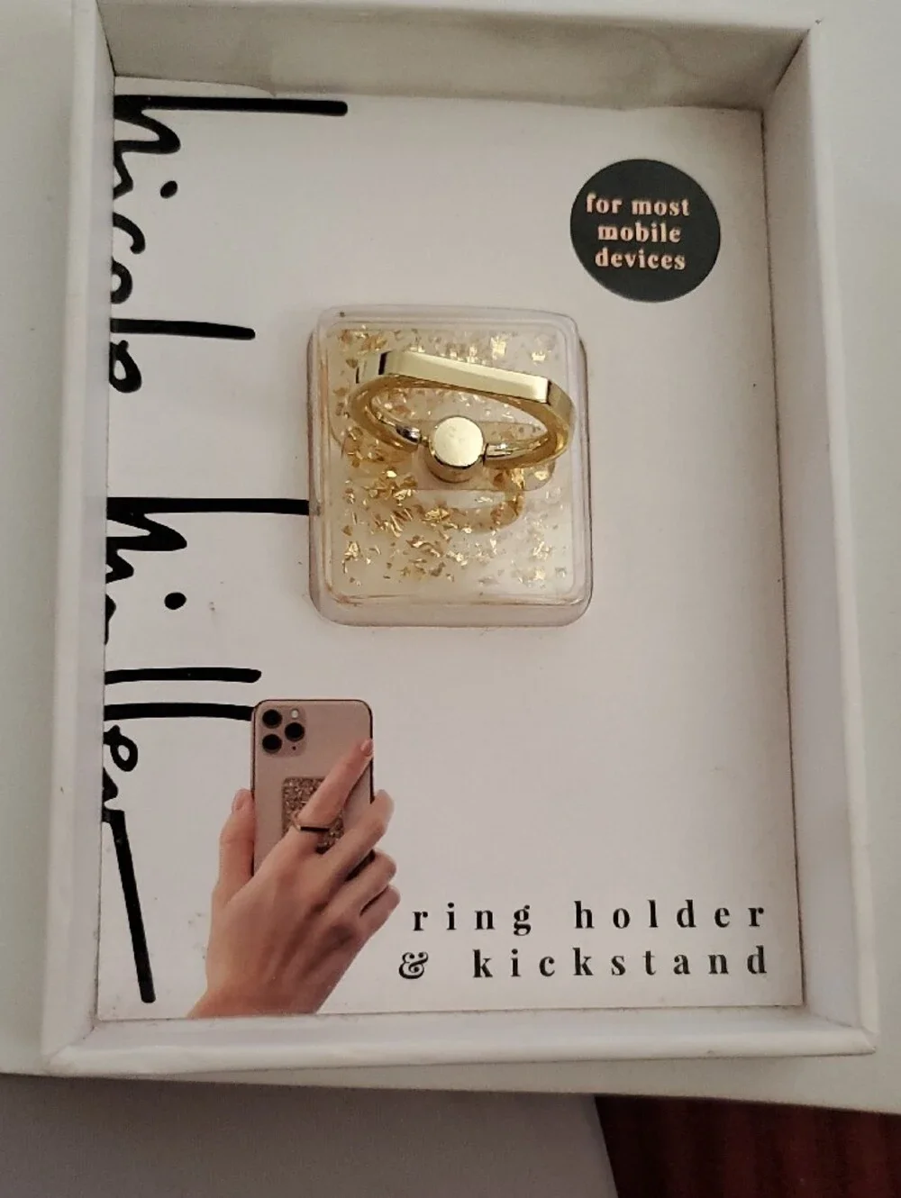 Nicole Miller Gold-Tone Ring Phone Grip & Stand with Embedded Gold Flakes NEW
